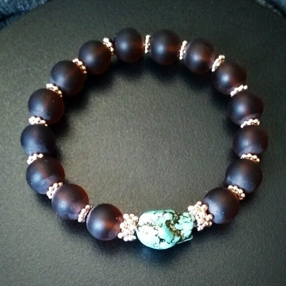 🎁🎁🎁 GIFT WORTHY ~ Beaded Bracelet + Earring Set! Turquoise + Brown + Rosegold - Picture 5 of 8